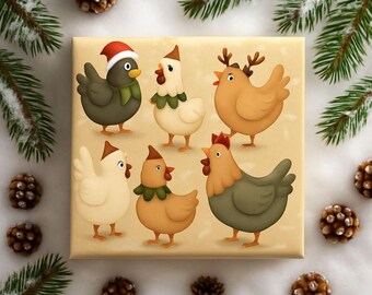 May include: A square gift box with a light tan background features cartoon chickens in various colors and festive accessories. The chickens are wearing Santa hats, reindeer antlers, and decorative collars. The box is surrounded by pine needles and pine cones.