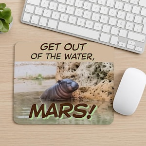 May include: A rectangular mousepad featuring a baby hippopotamus in water, with the text "GET OUT OF THE WATER, MARS!" in brown and green. The background includes a rock formation and a light brown sky.