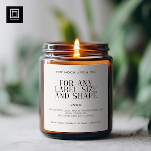 Amber Jar Candle Mockup PSD PNG, Custom Label Size and Shape, POD Scented Candle Mock-up, Summer 2026 Label Preview Template with Decor