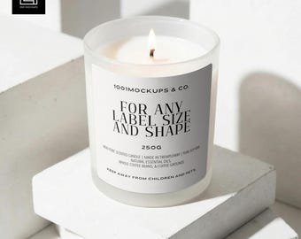 Frosted Glass Candle Mockup | Lit Tumbler Candle in White Concrete Scene | Editable Label Design Template | PSD for Photoshop and Photopea