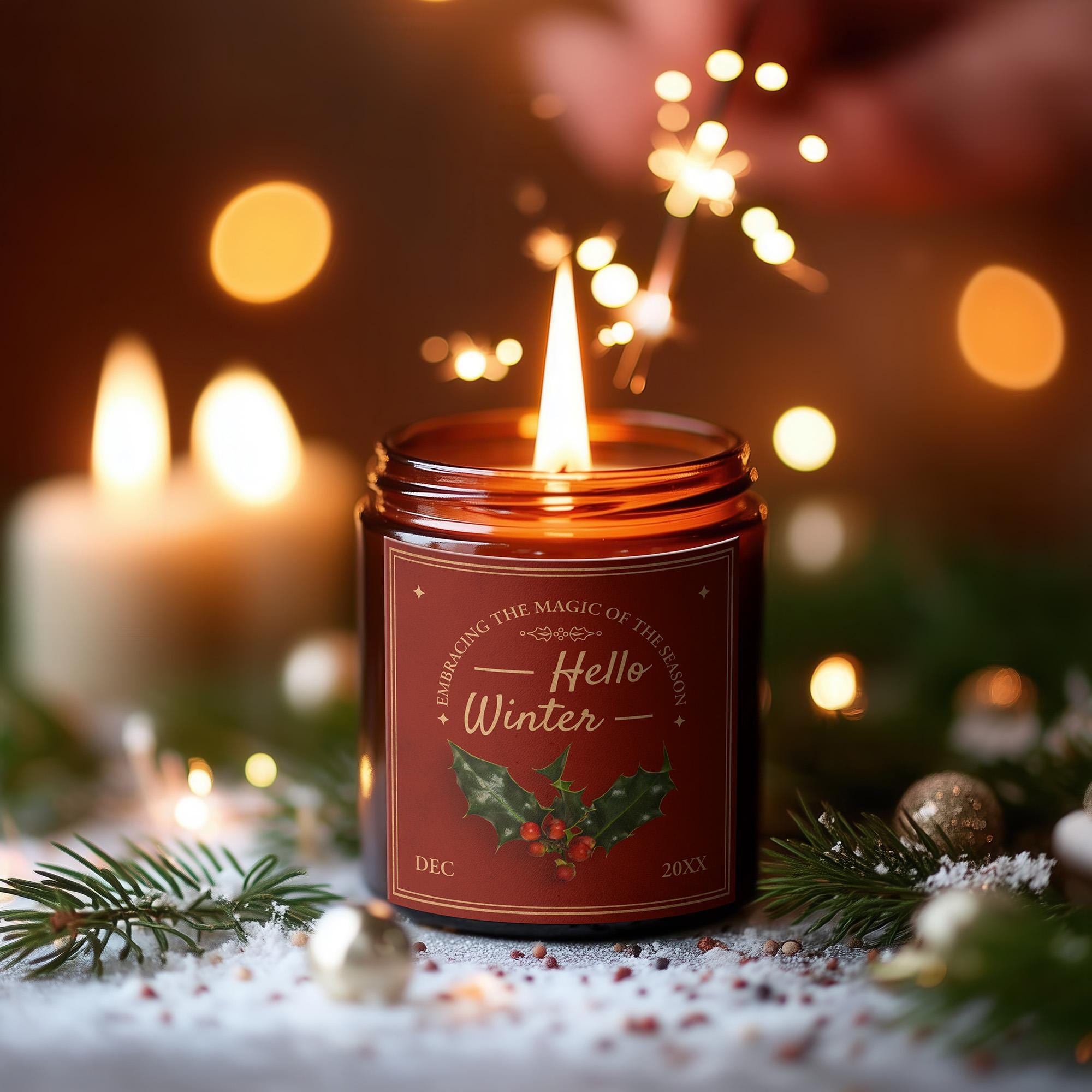 デジタルクリスマスアンバーガラスキャンドルモックアップ | Woodwick