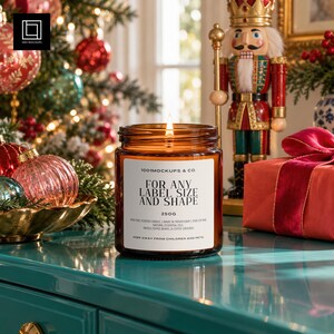 Festive Christmas Turquoise Nutcracker Candle Mockup, Amber Glass Jar Winter Holiday Scene, Photoshop PSD Smart Object Template, Label