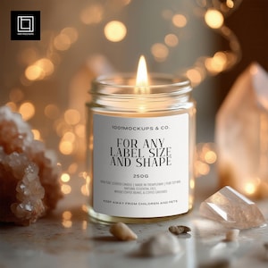 May include: A lit candle in a clear glass jar with a white label. The label reads "FOR ANY LABEL SIZE AND SHAPE" and "250G". The candle is surrounded by crystals and small stones. The background is blurred with bokeh lights.