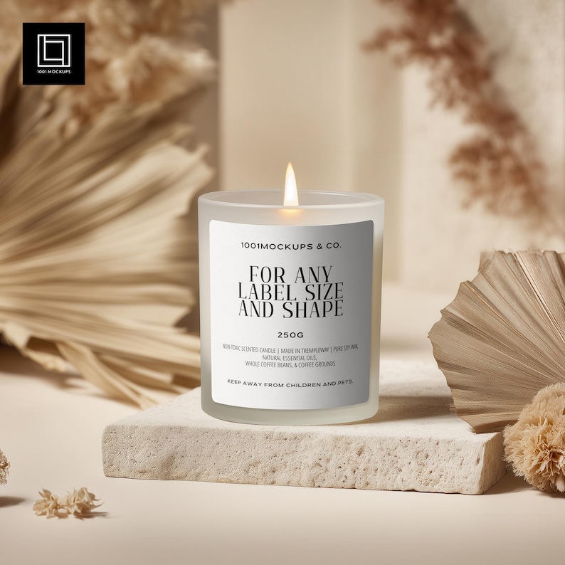 Frosted Glass Candle Mockup PSD PNG, Custom Label Size, Cylindrical POD Scented Candle Mock-up, Boho Studio Label Design Styled Template image 1