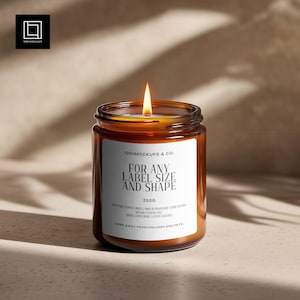 May include: A lit, amber-colored scented candle in a glass jar. The label reads "FOR ANY LABEL SIZE AND SHAPE" and "250G". The candle is labeled "1001MOCKUPS & CO." and includes a warning to keep away from children and pets.