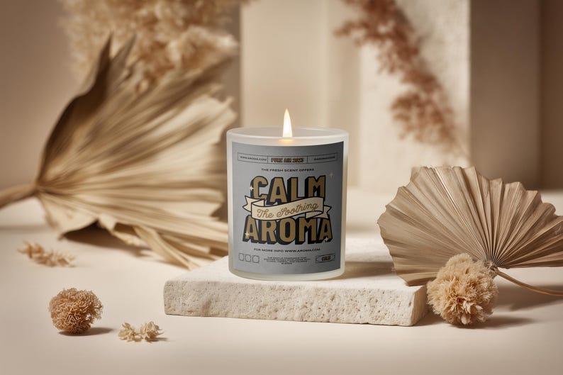 Frosted Glass Candle Mockup PSD PNG, Custom Label Size, Cylindrical POD Scented Candle Mock-up, Boho Studio Label Design Styled Template image 6