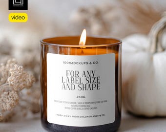 Amber Glass Video Candle Mockup PSD, Custom Label Size, POD Scented Candle Mock-up, Fall 2025 Animated Template, Seasonal Thanksgiving Decor