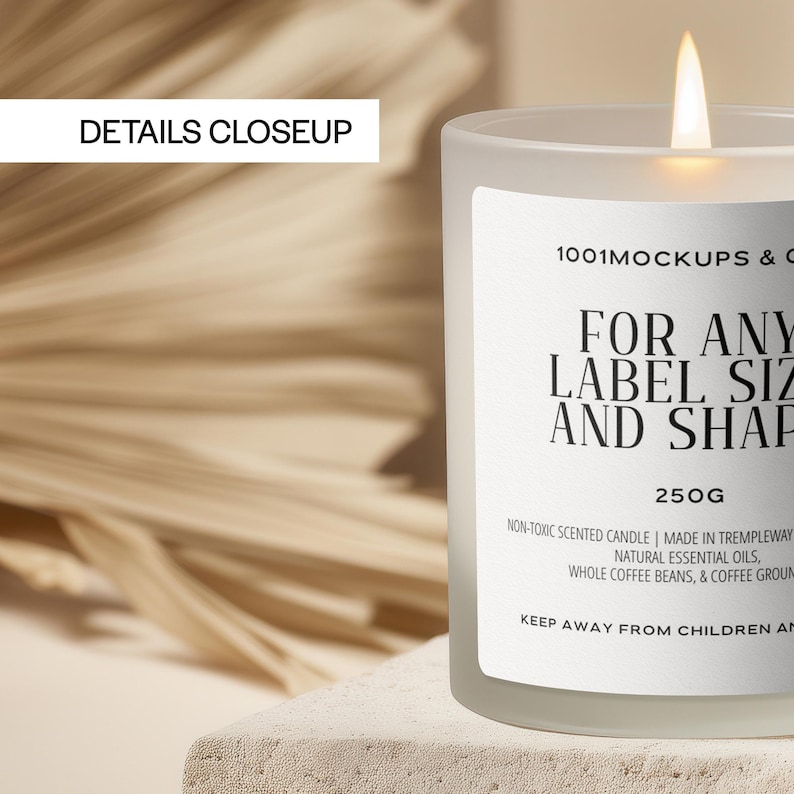 Frosted Glass Candle Mockup PSD PNG, Custom Label Size, Cylindrical POD Scented Candle Mock-up, Boho Studio Label Design Styled Template image 3