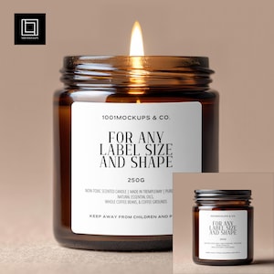 May include: A lit brown glass jar candle with a white label that reads "FOR ANY LABEL SIZE AND SHAPE". The candle is 250g and has a small inset image of the same candle. The candle is non-toxic and made with essential oils.