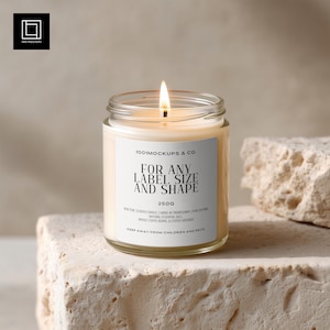 May include: A lit, unscented candle in a clear glass jar with a white label. The label reads "FOR ANY LABEL SIZE AND SHAPE" and "250G". The candle is on a textured, light-colored stone surface. The candle is made with natural essential oils and whole coffee beans.
