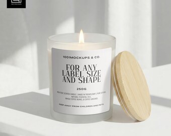 Frosted Glass Candle Mockup | Lit Candle with Open Bamboo Lid | Editable Label Design for Product Branding | PSD for Photoshop and Photopea