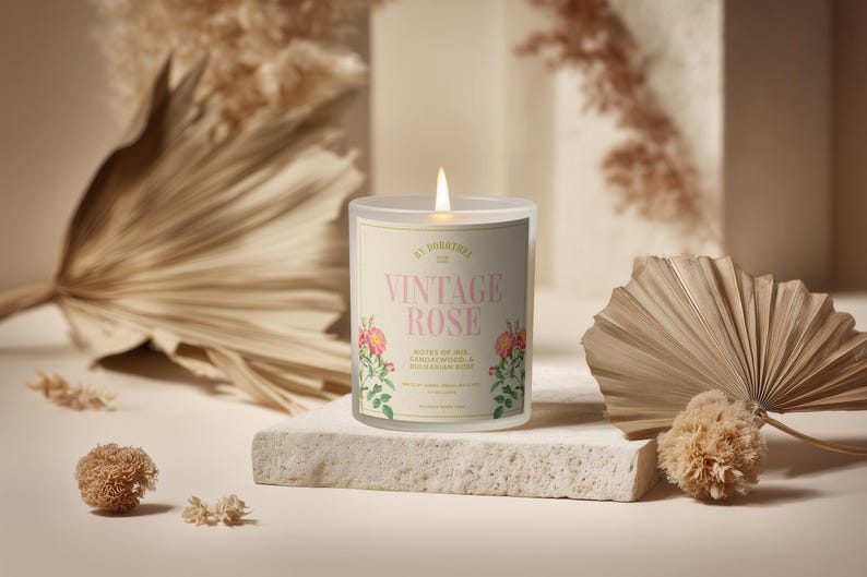 Frosted Glass Candle Mockup PSD PNG, Custom Label Size, Cylindrical POD Scented Candle Mock-up, Boho Studio Label Design Styled Template image 12