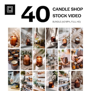 Puede incluir: Imagen promocional para un paquete de vídeos de stock de una tienda de velas. La imagen presenta el número 40 en una fuente negra grande, junto con el texto "CANDLE SHOP STOCK VIDEO" y "BUNDLE (40 MP4, FULL HD)". La imagen también incluye una cuadrícula de fotos relacionadas con velas.