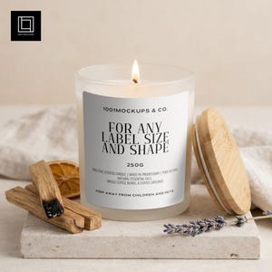 Beige Boho Frosted Glass Tumbler Candle Mockup | Open Bamboo Lid & Lit Candle | Editable Details PSD PNG for Photoshop and Canva