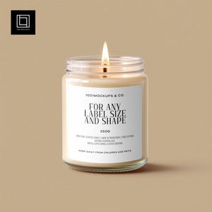 May include: A burning candle in a clear glass jar with a white label. The label states "FOR ANY LABEL SIZE AND SHAPE" and "250g". The candle is made with natural essential oils and whole coffee beans.