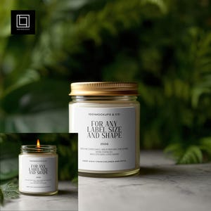 May include: A glass jar with a gold lid and a white label that reads "FOR ANY LABEL SIZE AND SHAPE." The jar contains a candle. The image includes a smaller inset image of the lit candle. The text "250g" is also visible.