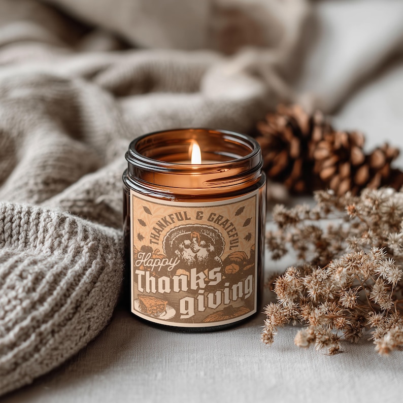 Fall Label Jar Fall 2026 Amber Glass Jar Candle Mockup, Lit Scene, Cozy Knit Pine Cone ...