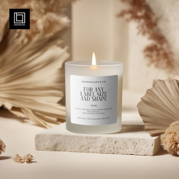 Frosted Glass Candle Mockup (PSD), Custom Label Size, Cylindrical POD Scented Candle Mock-up, Boho Studio Photo Label Design Styled Template