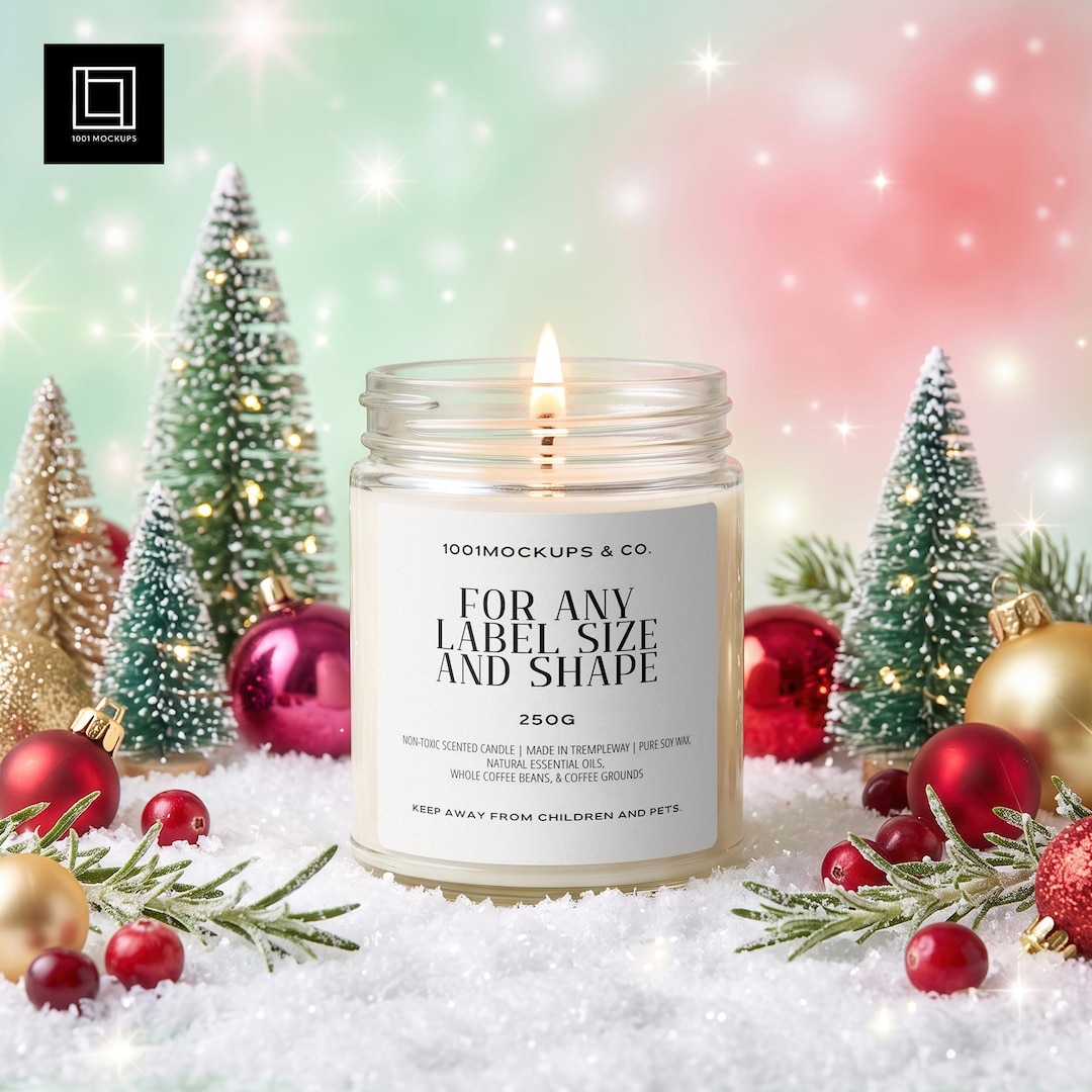Property Label Sample Christmas Clear Jar Candle Mockup PSD PNG, Snowy Pine Trees Scene, Red ...