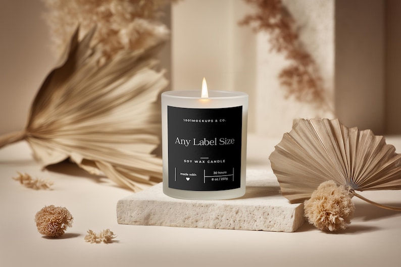 Frosted Glass Candle Mockup PSD PNG, Custom Label Size, Cylindrical POD Scented Candle Mock-up, Boho Studio Label Design Styled Template image 13