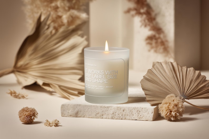 Frosted Glass Candle Mockup PSD PNG, Custom Label Size, Cylindrical POD Scented Candle Mock-up, Boho Studio Label Design Styled Template image 8