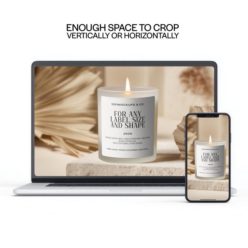 Frosted Glass Candle Mockup PSD PNG, Custom Label Size, Cylindrical POD Scented Candle Mock-up, Boho Studio Label Design Styled Template image 5