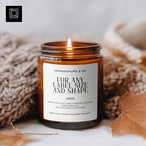 Amber Jar Candle Mockup PSD PNG, Customizable Label Size and Shape, POD Scented Candle Mock-up, Fall 2026 Creative Template with Decor