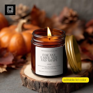 May include: An amber glass candle jar with a gold lid, lit with a flame, on a wooden slice. The candle has a white label with the text "FOR ANY LABEL SIZE AND SHAPE" and "250g". The background features pumpkins and autumn leaves.