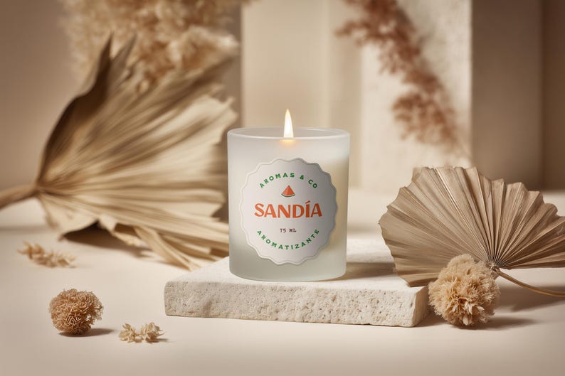 Frosted Glass Candle Mockup PSD PNG, Custom Label Size, Cylindrical POD Scented Candle Mock-up, Boho Studio Label Design Styled Template image 15