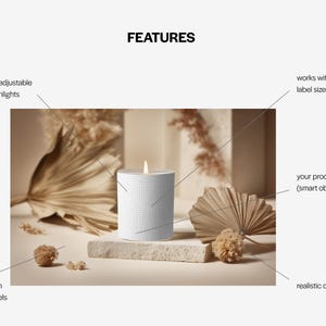 May include: A lit white candle with a grid pattern sits on a stone block, surrounded by dried plants and decorative elements. The image features the word "FEATURES" at the top and text that says "design area with adjustable shadows and highlights".