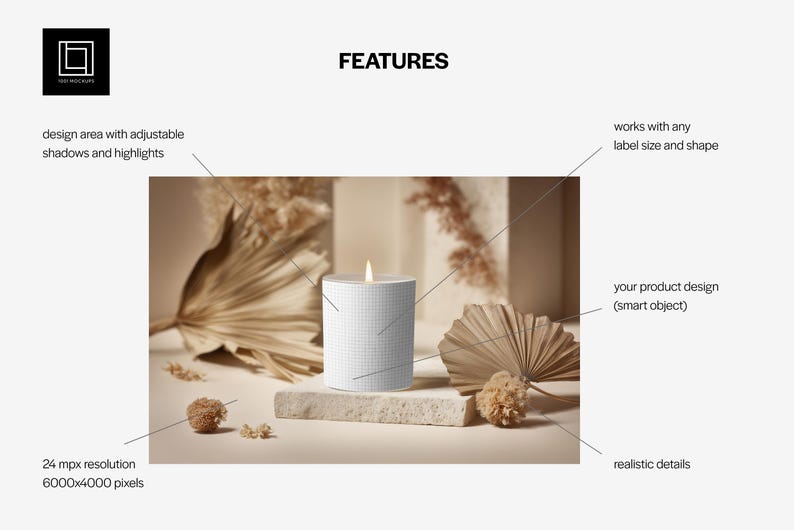 May include: A lit white candle with a grid pattern sits on a stone block, surrounded by dried plants and decorative elements. The image features the word "FEATURES" at the top and text that says "design area with adjustable shadows and highlights".