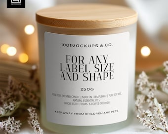 Boho Frosted Glass Candle Mockup with Bamboo Lid | Editable Label Design | Minimal Neutral Aesthetic | PSD PNG for Photoshop and Canva