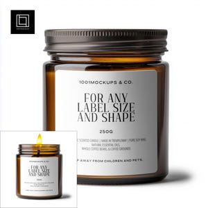 May include: A brown glass jar candle with a black lid. The candle has a white label with the text "FOR ANY LABEL SIZE AND SHAPE" and "250g". The candle is lit, with a bright yellow flame.
