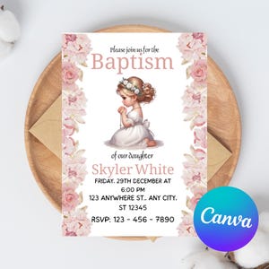 Vintage Floral Baptism Invitation Girl, Girl Flower Invitation Template, Christening Invitation Dusty Pink Template, Victorian Era butterfly