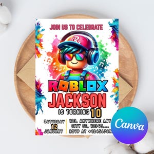 Roblox Invitation, Roblox Invite, Game Party, Roblox Boys Birthday Invitation Template, Game Birthday, Kids Roblox, Editable Template, Canva