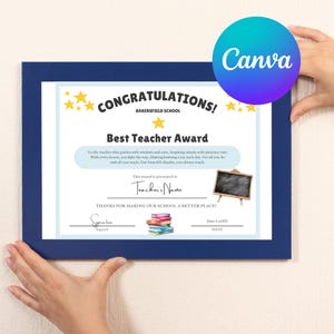 優秀教員賞状、学年末感謝状、生徒からの贈り物、編集可能なCanvaテンプレート、卒業証書、サンキューカード