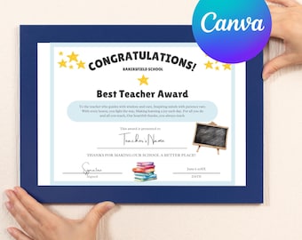 Best Teacher Award Certificate, End Of School Year Appreciation, Gift from Students, Editable Canva Template, Diploma, Thank You Card