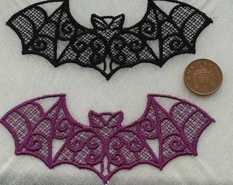 Set of 2 LARGE gothic lace bat applique, trimming, choker centerpiece, various colours