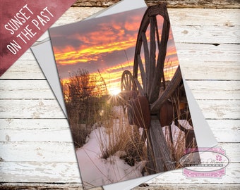 Wyoming Sunset, Sunrise Note Card, Western Sunset Photo, Old Wagon Wheel, Scenic Photo, Casper Wyoming