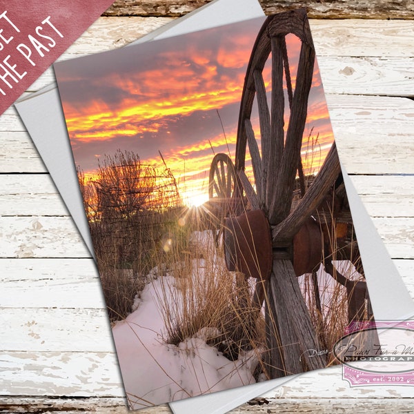 Wyoming Sunset, Sunrise Note Card, Western Sunset Photo, Old Wagon Wheel, Scenic Photo, Casper Wyoming