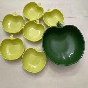 Vintage Hazel Atlas Milk Glass Apple Shaped Green bowl with 6 serving bowls