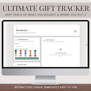 May include: A computer monitor displaying an interactive digital gift tracker template. The interface features sections titled The Gift List, Add Recipients with a color selection grid, and Gift Tracker, all set against a clean, light-colored background.