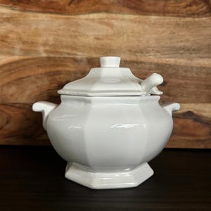 White Ceramic Soup Tureen with Lid and Spoon, Made in Japan