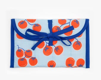 Blue Illustrated Tomato Handmade Quilted Catchall Pouch: Tech Organizer, Makeup Clutch