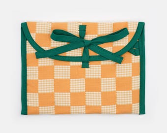 Marigold & Ivory Gingham Check Handmade Quilted Catchall Pouch: Tech Organizer, Makeup Clutch