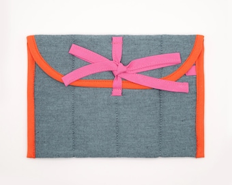 Chambray Handmade Quilted Catchall Pouch: Tech Organizer, Makeup Clutch