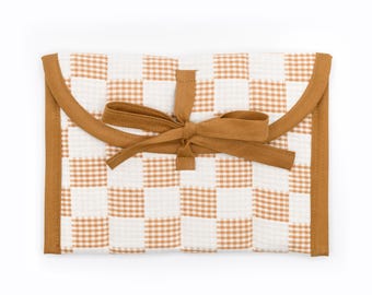 Ivory & Tan Gingham Check Handmade Quilted Catchall Pouch: Tech Organizer, Makeup Clutch