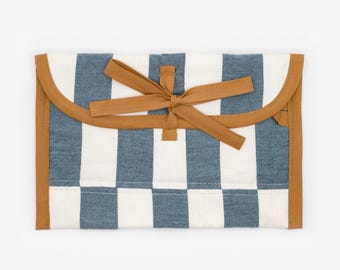 Chambray & Ivory Quilted Check Handmade Catchall Pouch: Kindle / Tech Organizer, Makeup Clutch