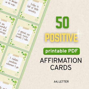 50 Cartões de Afirmação Positiva – PDF para impressão, tamanhos A4 e Carta EUA, Autocuidado, Download Digital, Pensamentos Positivos