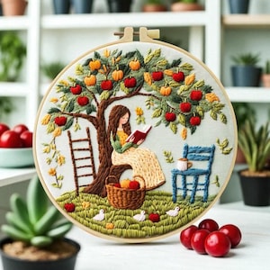 Autumn Garden Embroidery Kit – DIY Needlework with Apple Tree, Girl Reading, and Cozy Details